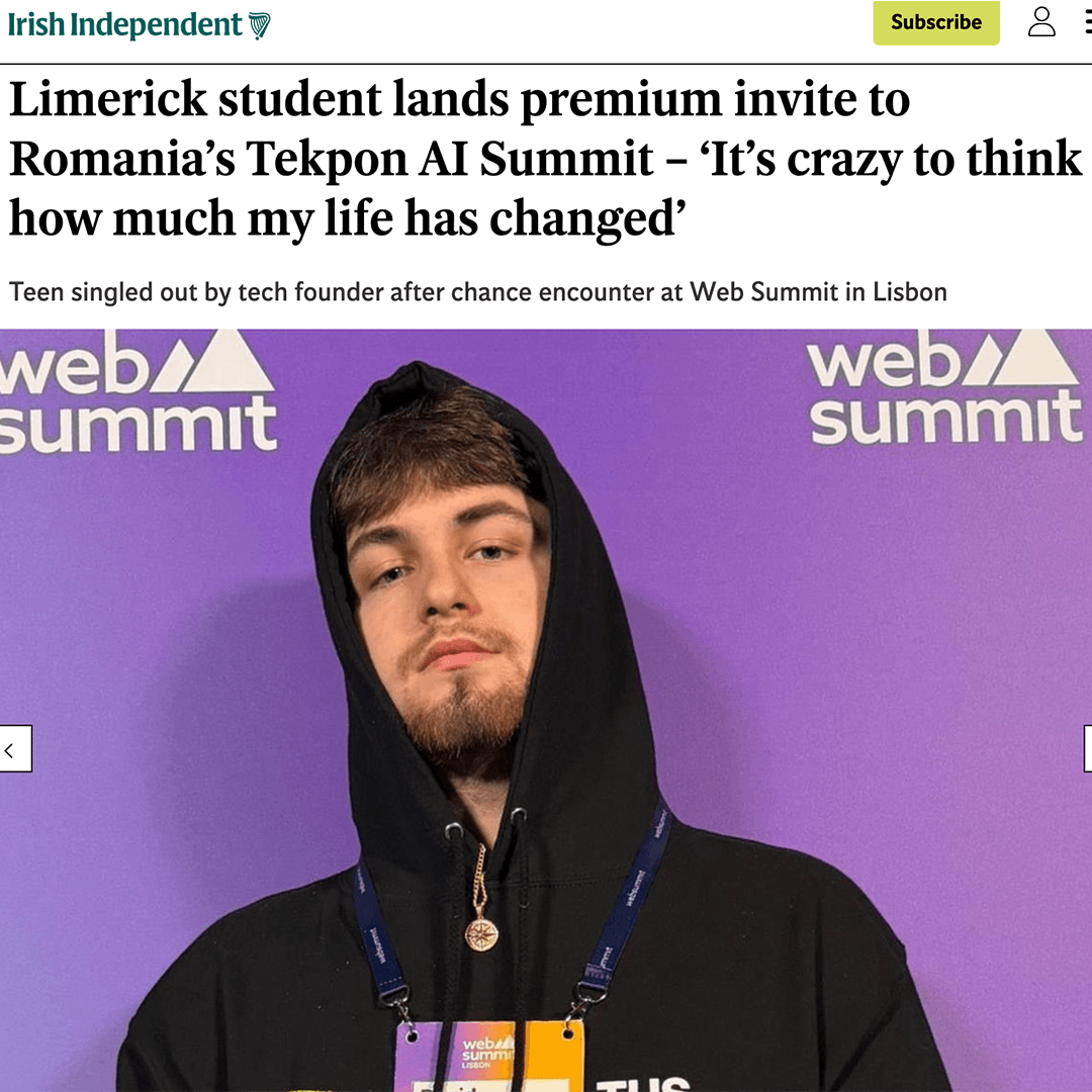 Irish Independent newspaper logo featuring Driftawave founder leadership story from Web Summit