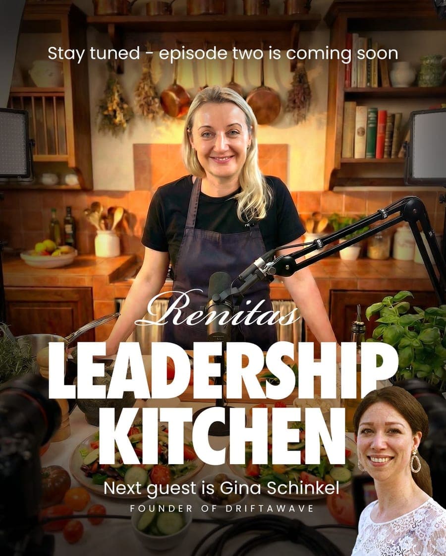 Renita Käsper in her Leadership Kitchen studio announcing Gina Schinkel, Driftawave founder, as the next podcast guest